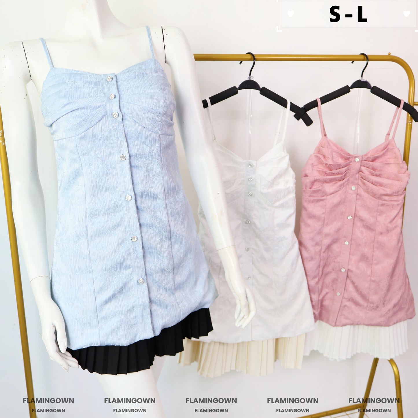 Set: Adjustable-Strap Buttoned Long Top & Pleated Skort