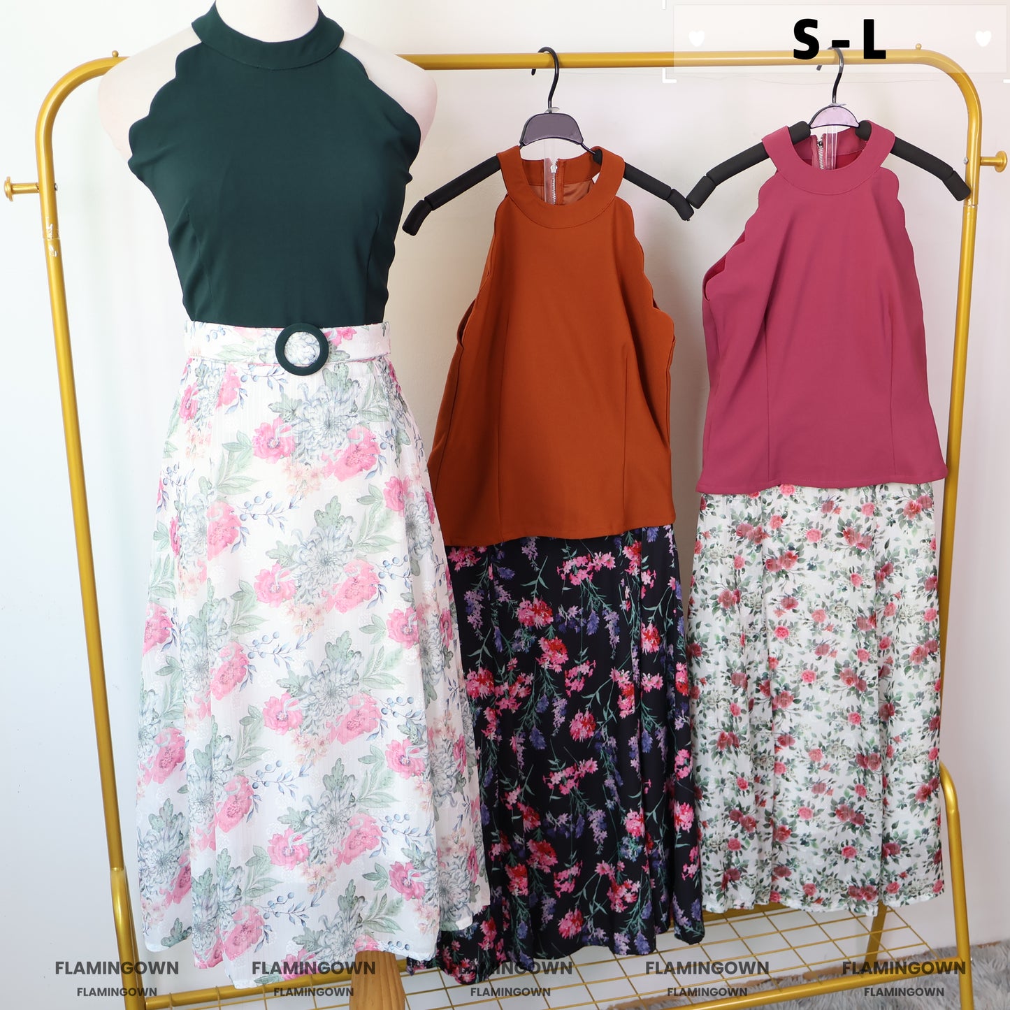 Set: Halter-Neck Top & Circle Floral MIDI Skirt