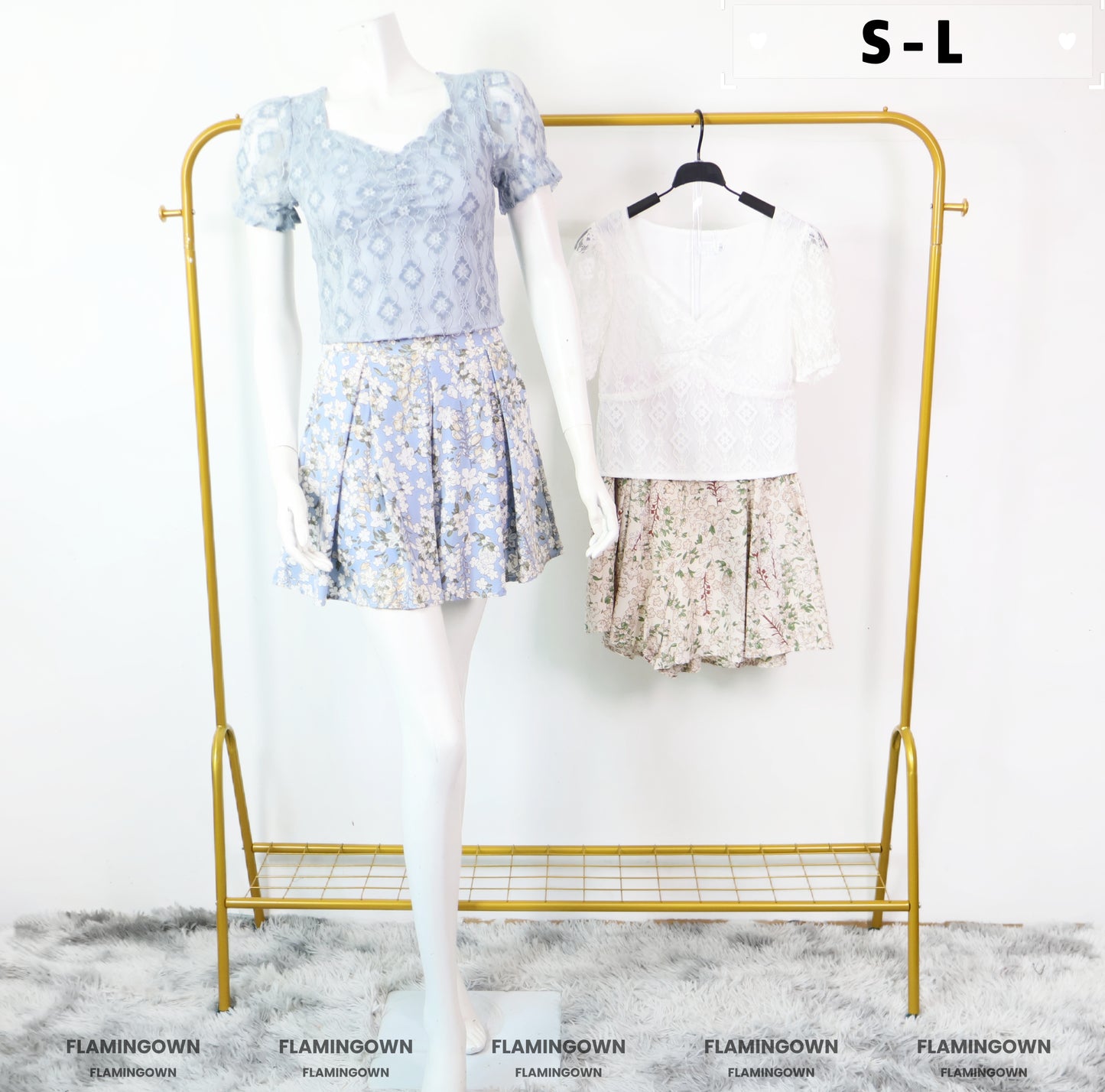 Set: Floral-Lace Top & Pleated Floral Shorts with Pockets