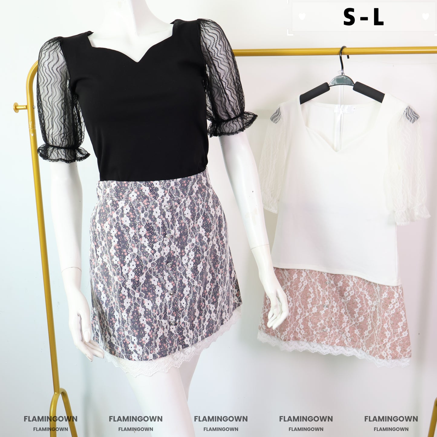 Set: Short-Sleeve Lace Top & Floral Lace Skort with Pockets
