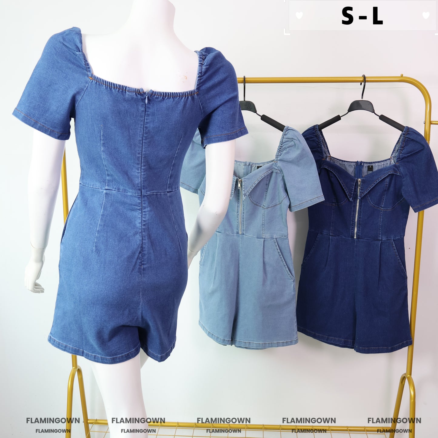 Front-Zipper Denim Romper with Pockets