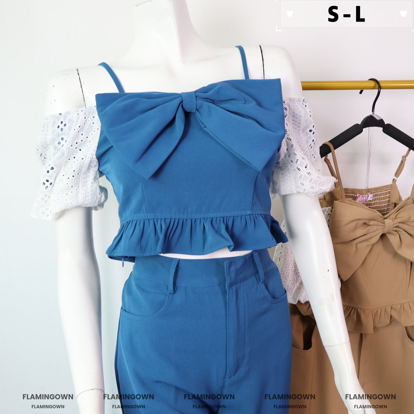 Set: Adjustable-Strap Front Ribbon Top & Pants