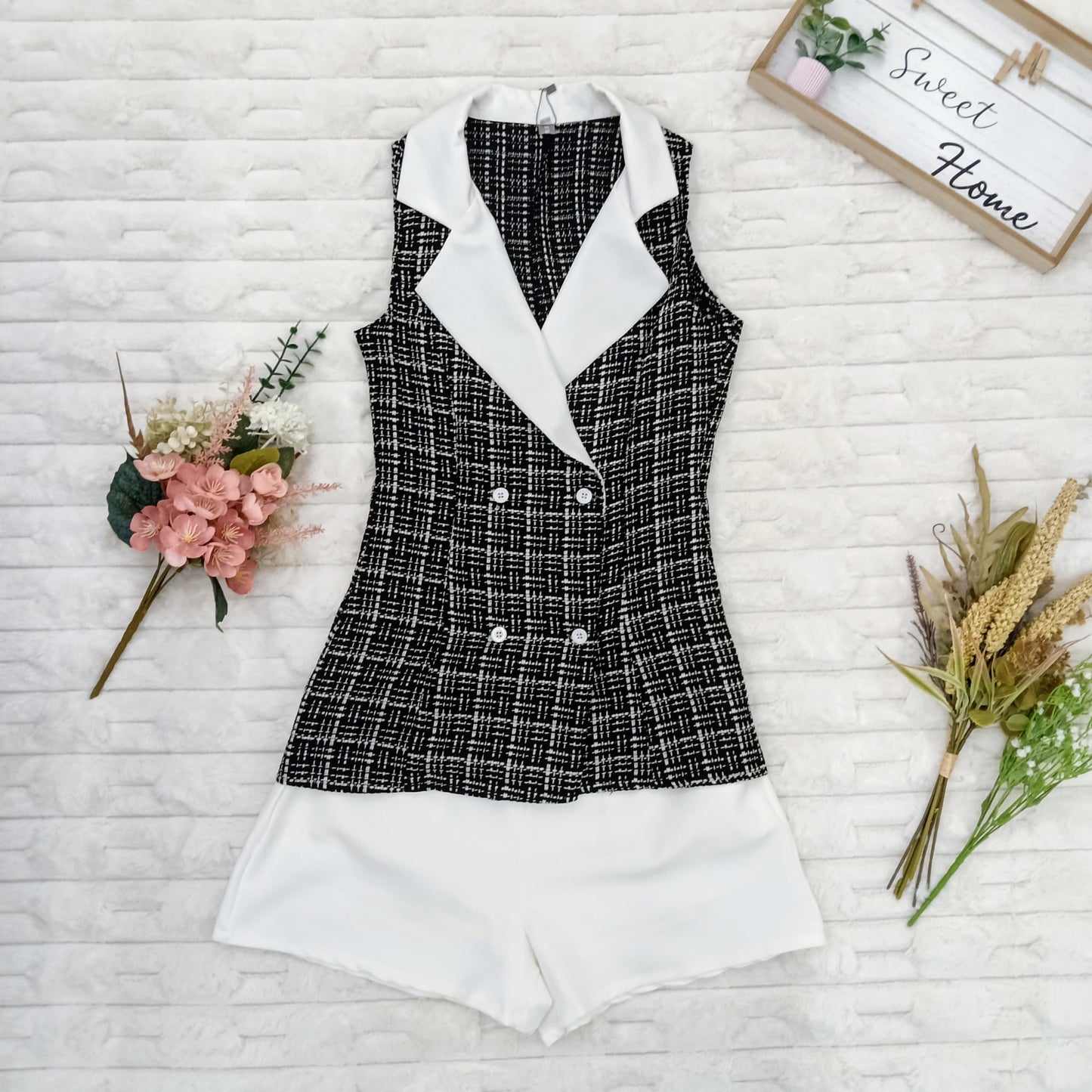 Sleeveless Collared Tweed Top and Short