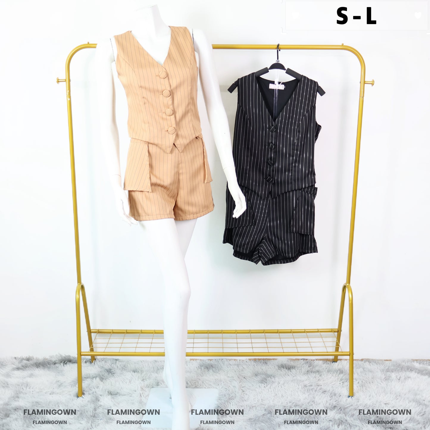 Set: Buttoned Vest Striped Top & Shorts