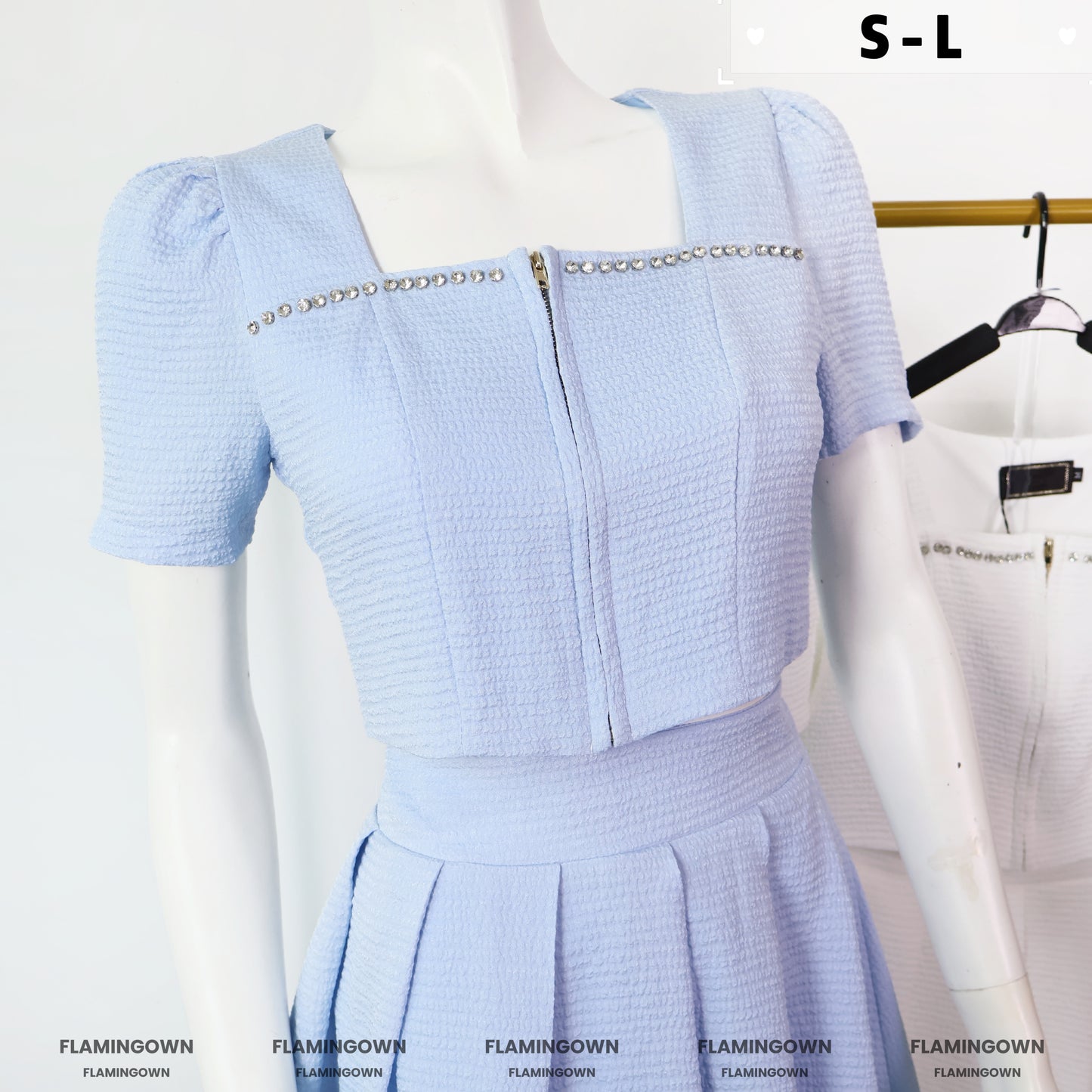 Set: Short Sleeves Front-Zipper Top & Pleated Skort