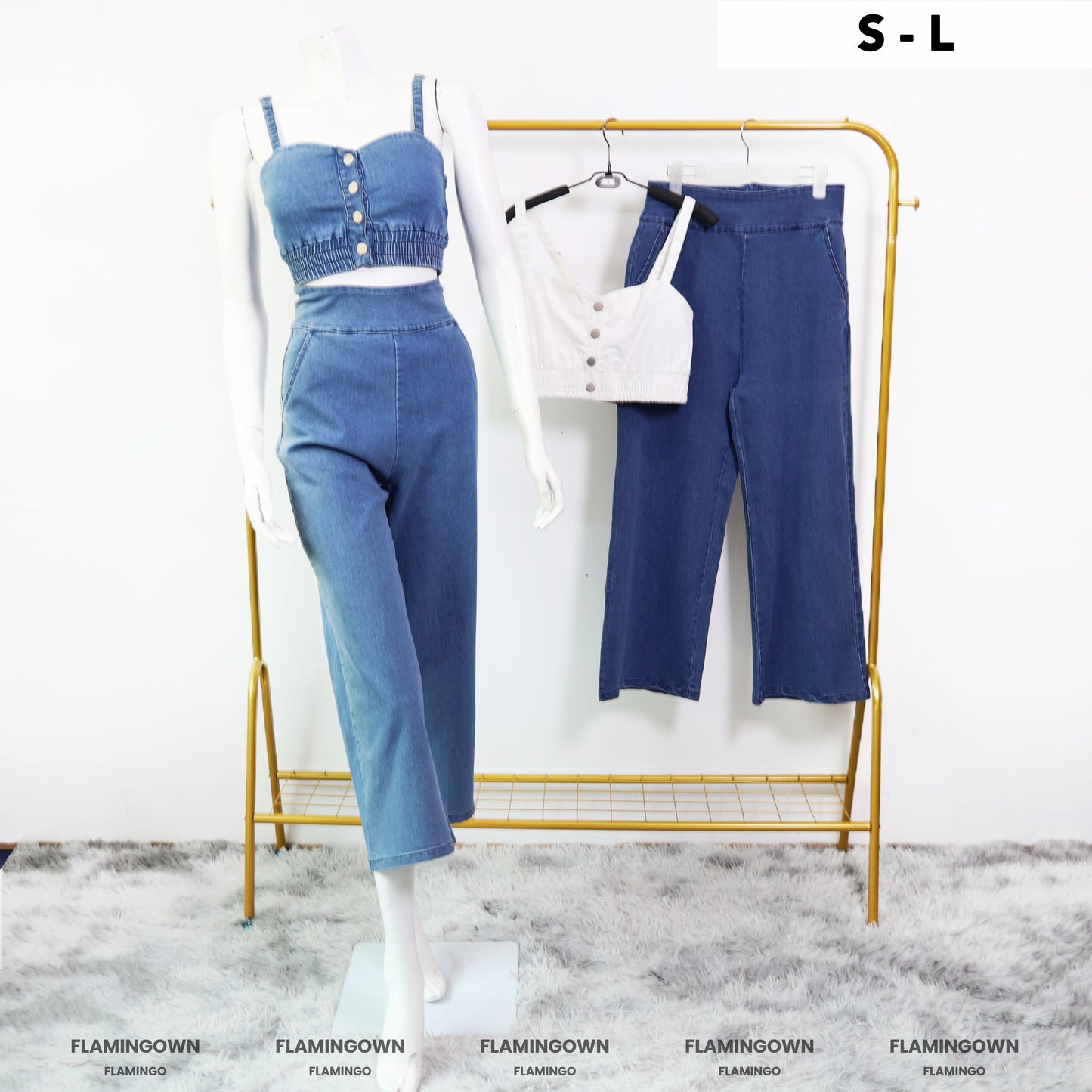 Set: Denim Top & Crop Pants with Pockets