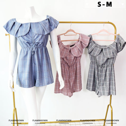 Off-Shoulder Plaid Romper