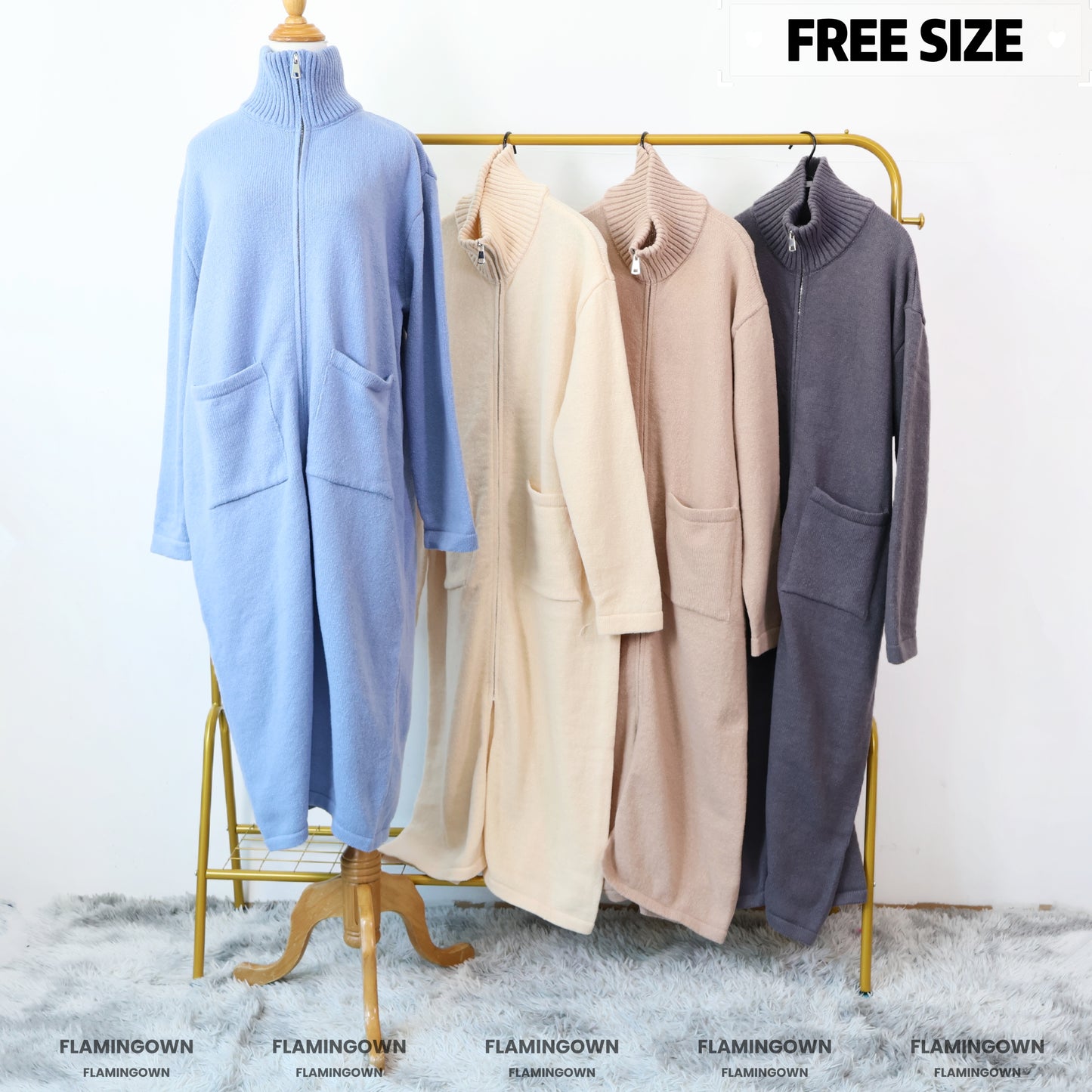 High-Neck Front-Zipper Knitted Long Cardigan