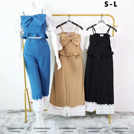 Set: Adjustable-Strap Front Ribbon Top & Pants