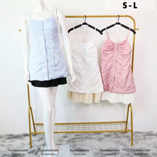 Set: Adjustable-Strap Buttoned Long Top & Pleated Skort
