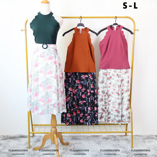 Set: Halter-Neck Top & Circle Floral MIDI Skirt