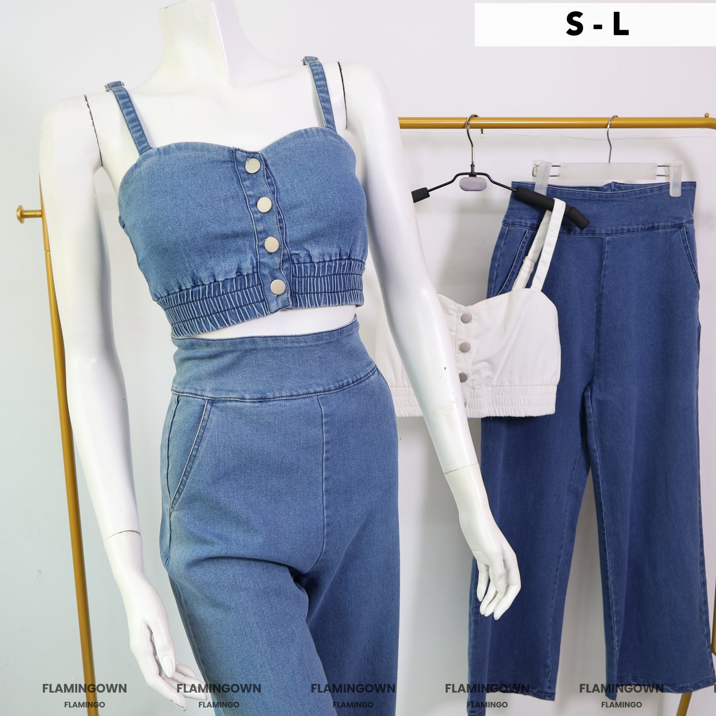 Set: Denim Top & Crop Pants with Pockets