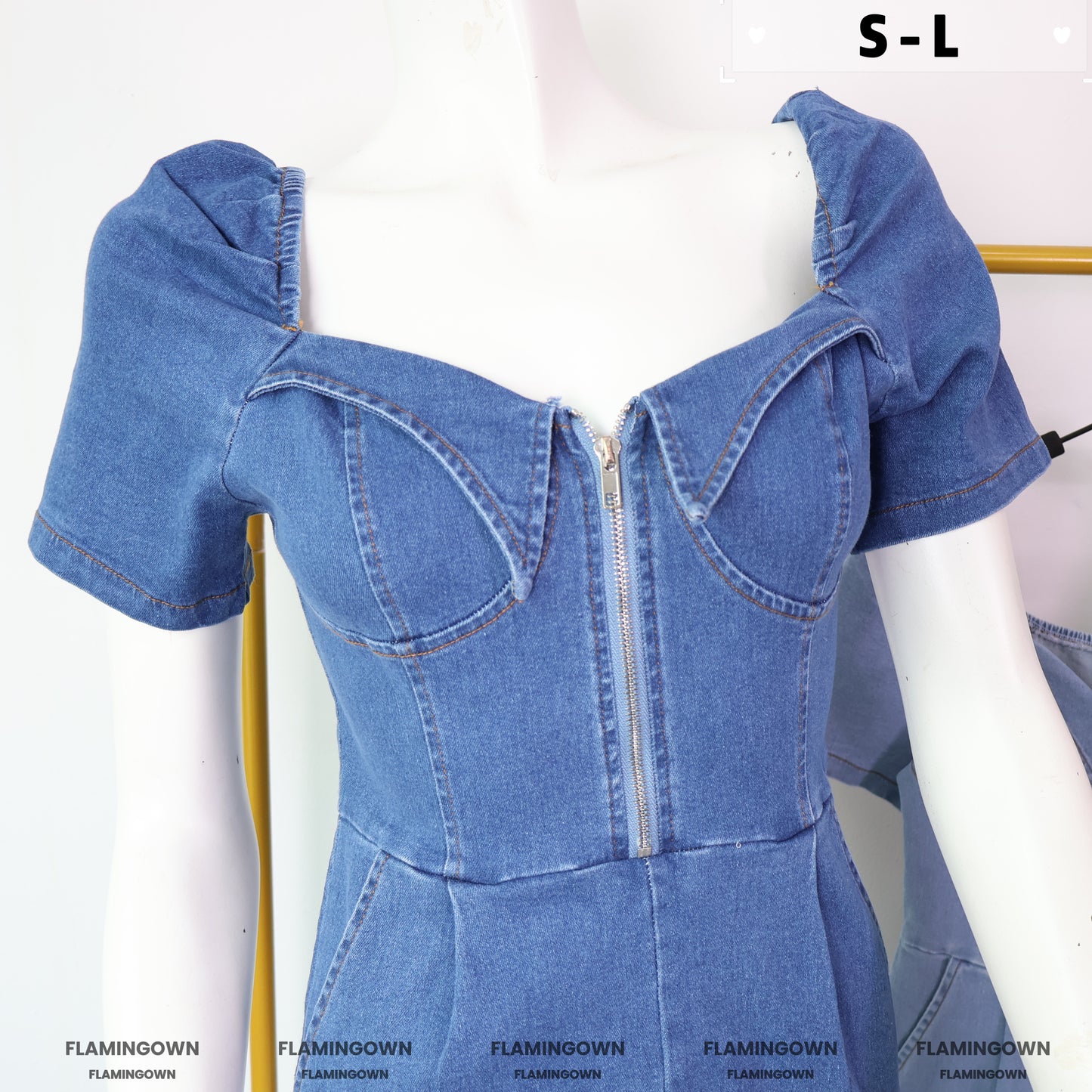 Front-Zipper Denim Romper with Pockets