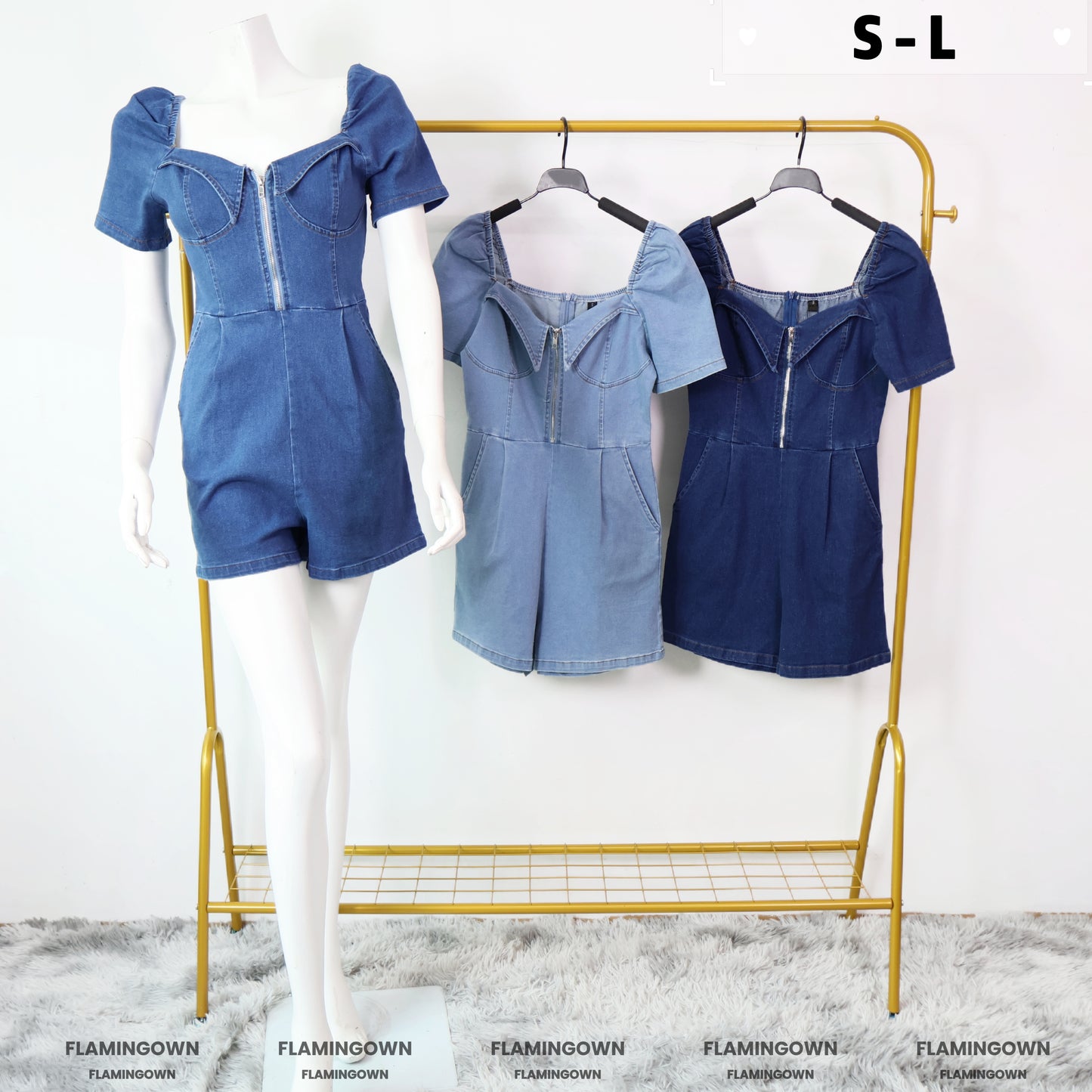 Front-Zipper Denim Romper with Pockets
