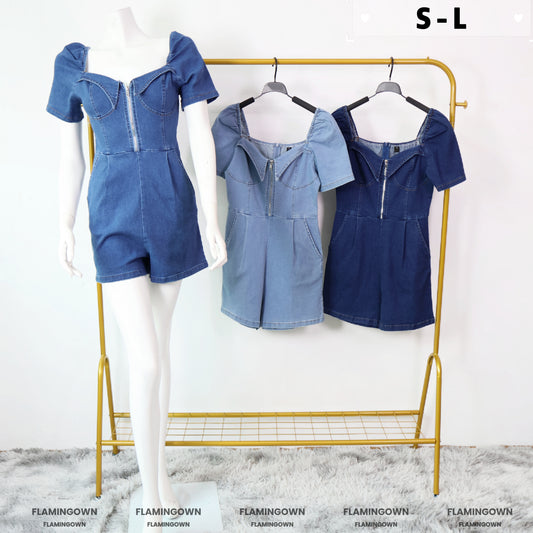 Front-Zipper Denim Romper with Pockets