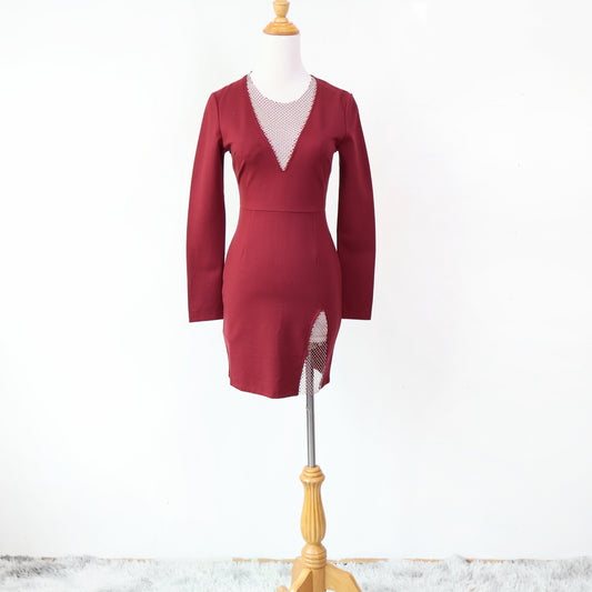 Long Sleeve Sheer Plunge Neckline with Faux Rhinestone Mini Dress