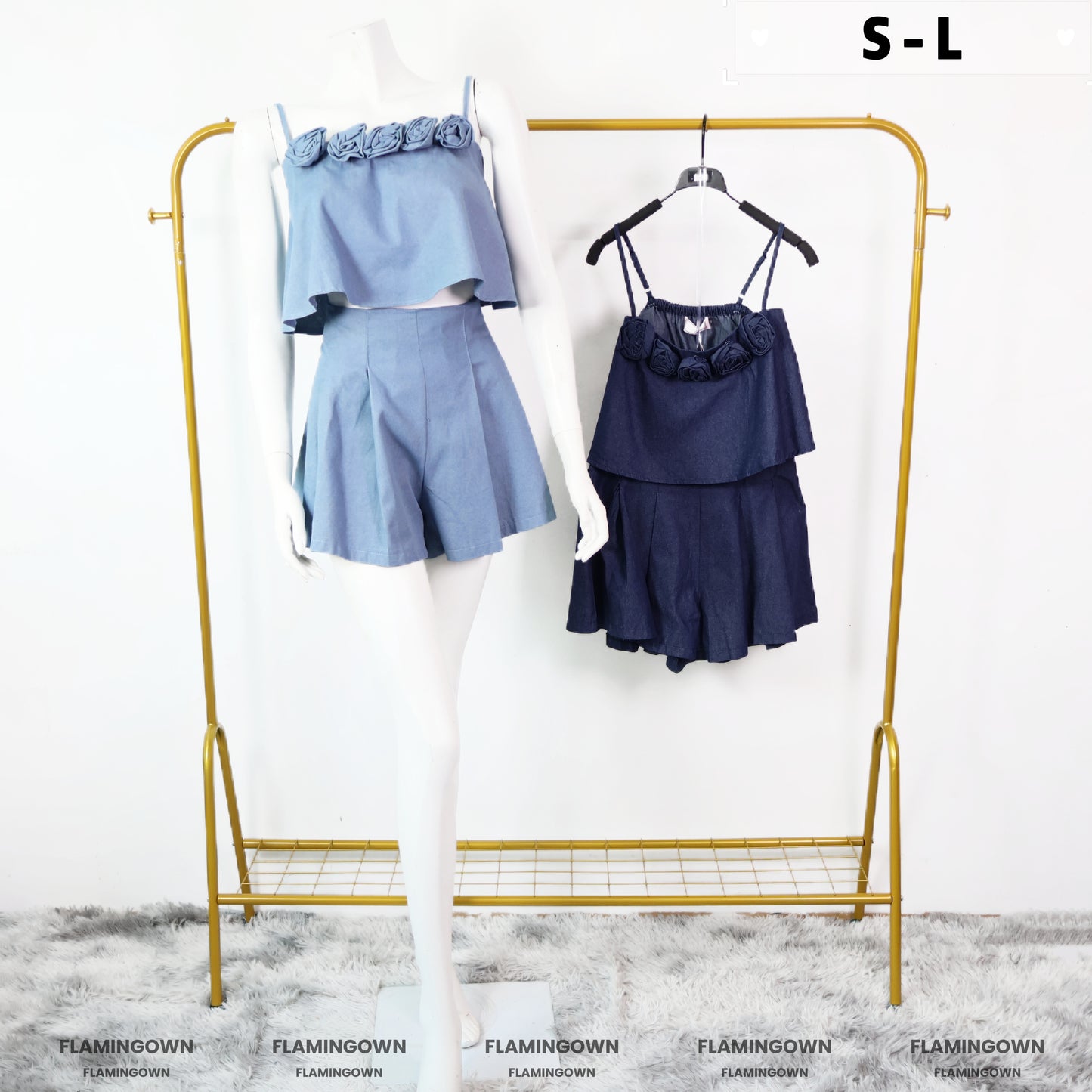 Set: Denim Rose Adjustable-Strap Cropped Top & Shorts