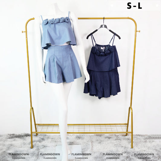 Set: Denim Rose Adjustable-Strap Cropped Top & Shorts