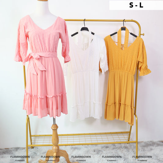 V-Neck Broderie Self-Tie-Belt Dress