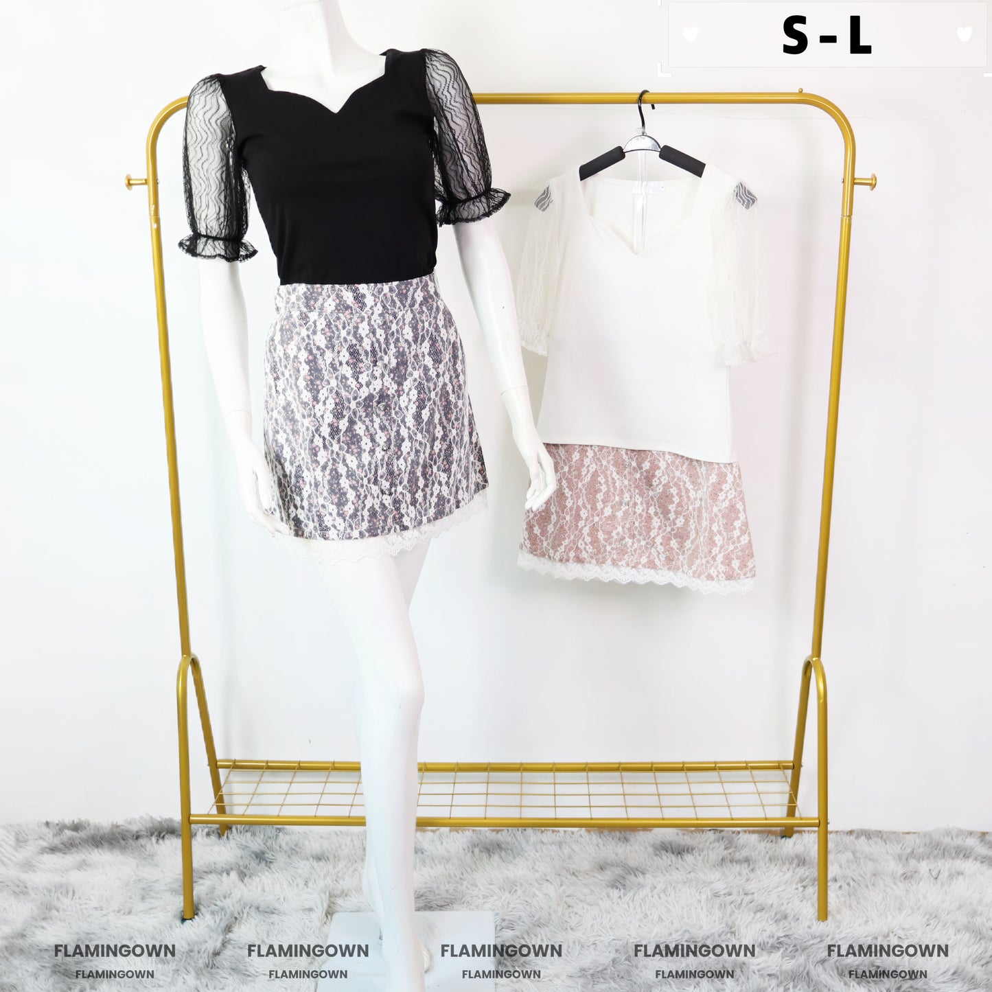 Set: Short-Sleeve Lace Top & Floral Lace Skort with Pockets