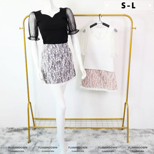 Set: Short-Sleeve Lace Top & Floral Lace Skort with Pockets