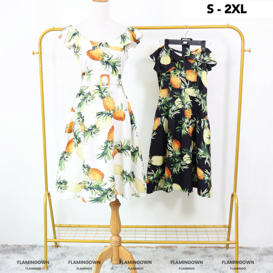 Off-Shoulder Pineapple-Print Belted Dress
