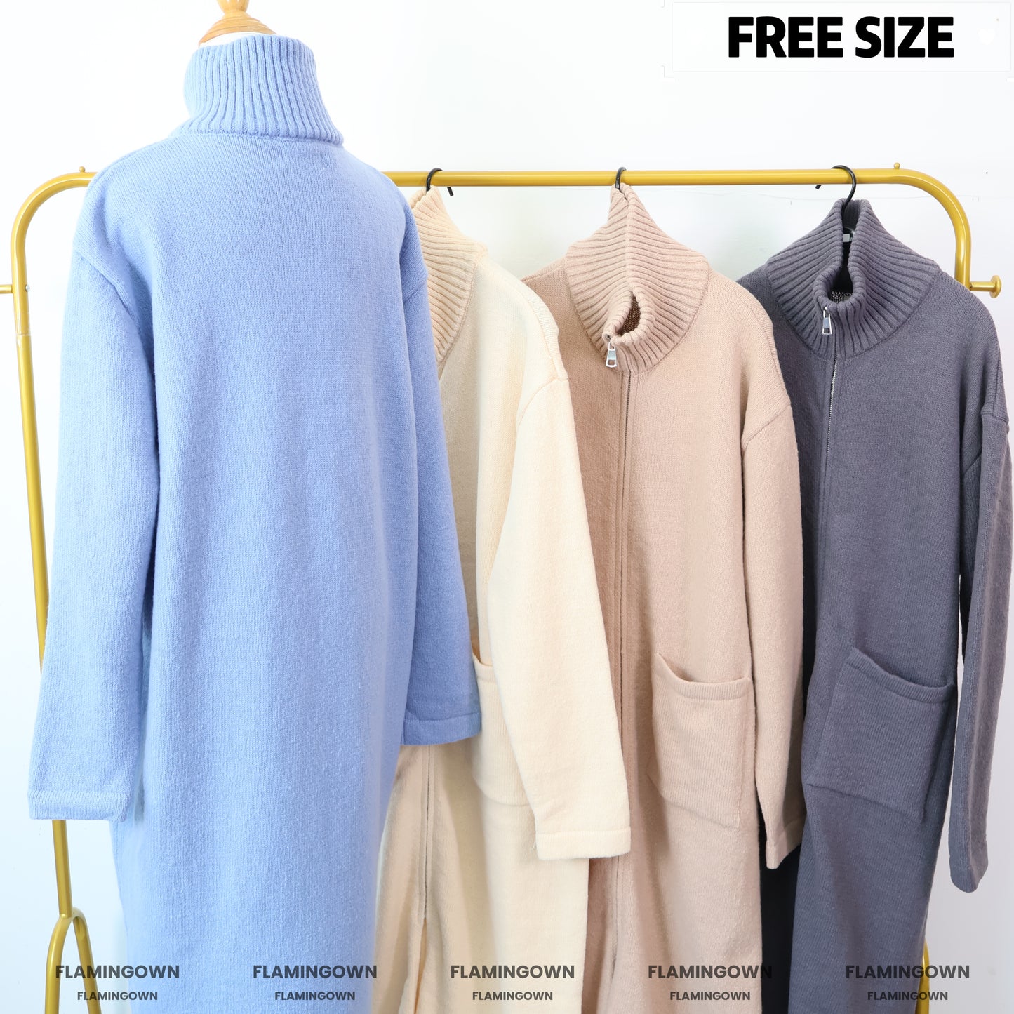 High-Neck Front-Zipper Knitted Long Cardigan