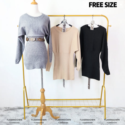 Dolman-Sleeve Knitted Dress (EXCLUDED BELT)