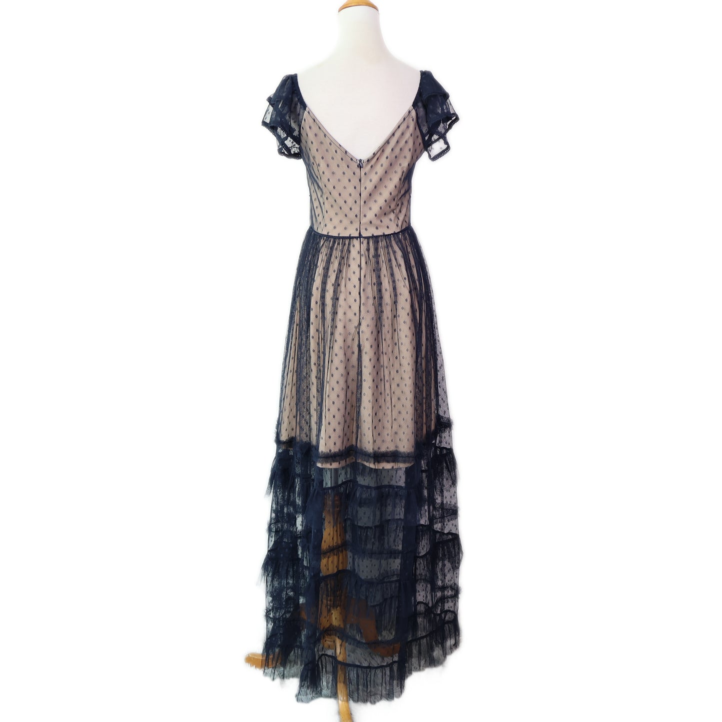 Off-Shoulder Polka Dot Mesh Tiered Maxi Dress