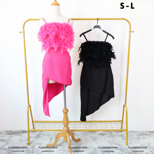 Set: Adjustable-Strap Feather-Trim Top & Assymetrical Skirt