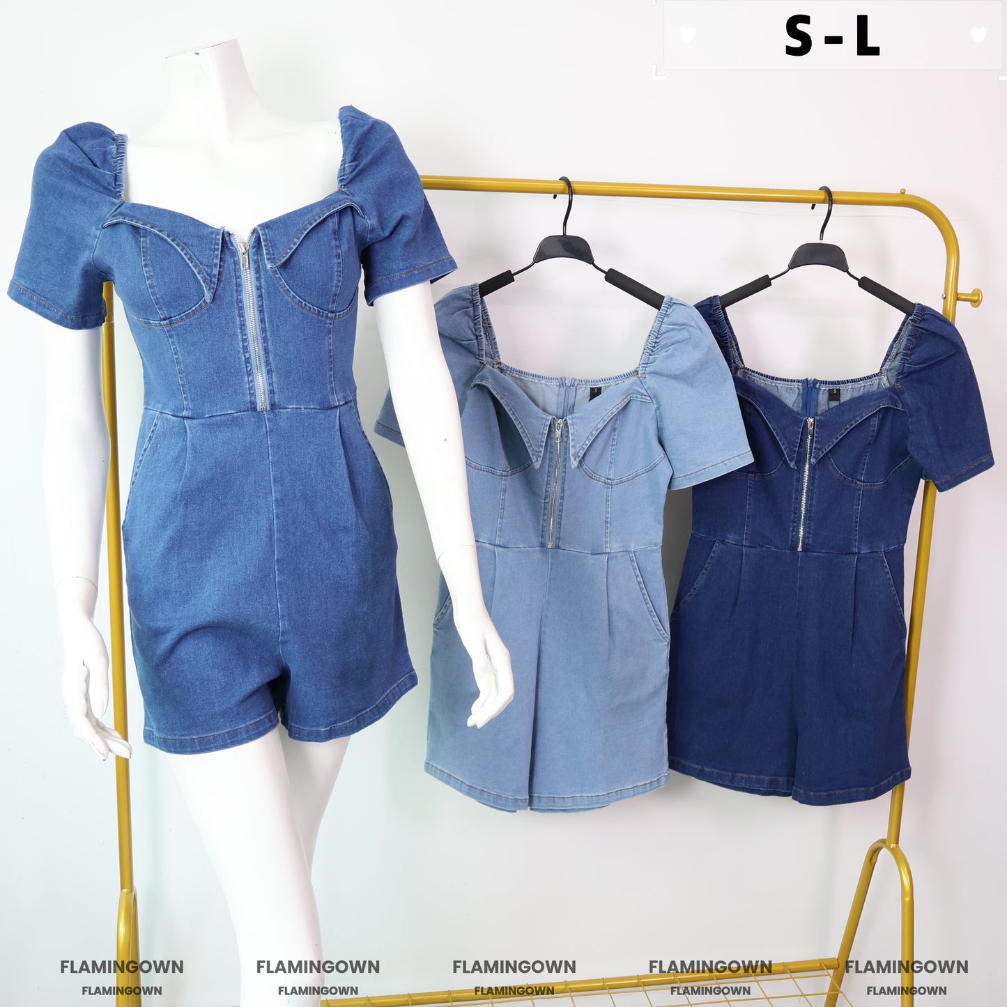 Front-Zipper Denim Romper with Pockets