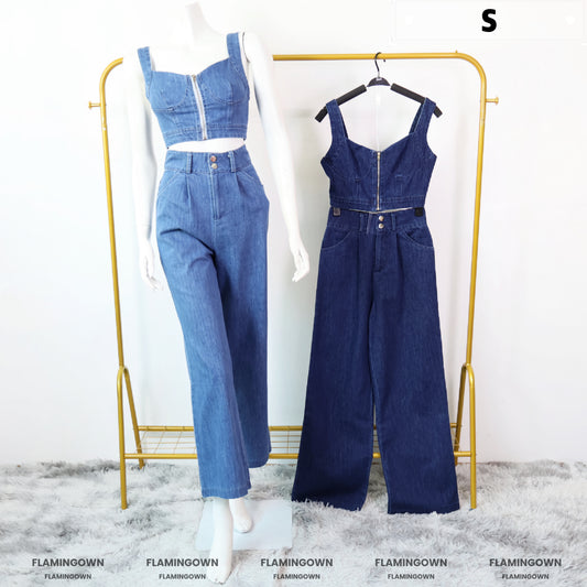 Set: Wide-Strap Denim Top & Long Pants