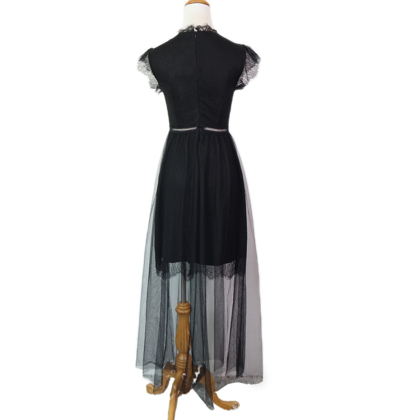 Cap Sleeve Mesh Lace Trim Overlay Gown