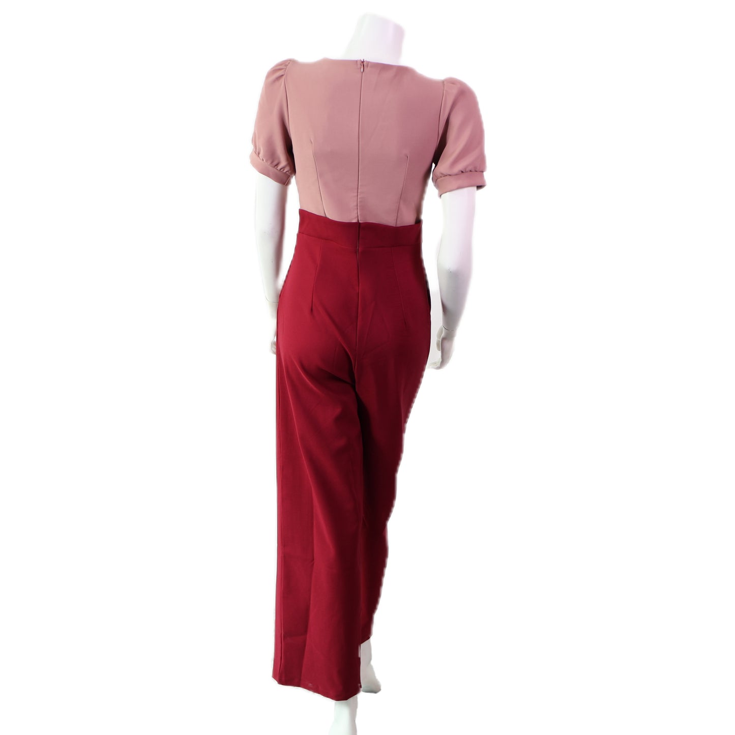 Keyhole Neckline Puff-Sleeve Two-Toned Jumpsuit