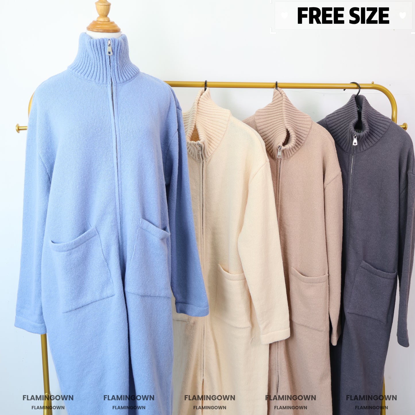 High-Neck Front-Zipper Knitted Long Cardigan