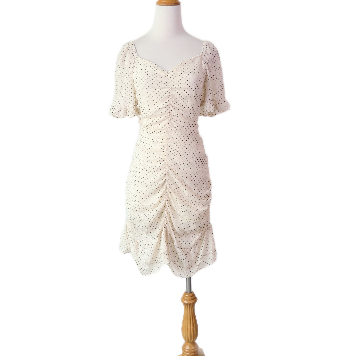 V-Neck Polka Dot Ruched Knee-Length Dress