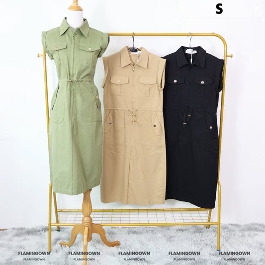 Collared Front-Zipper Dress with Pockets