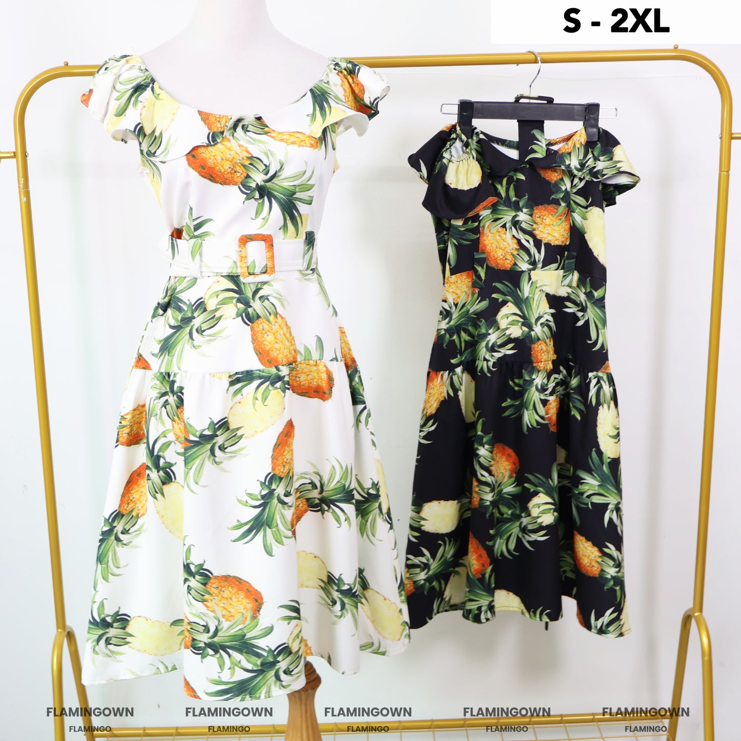 Off-Shoulder Pineapple-Print Belted Dress