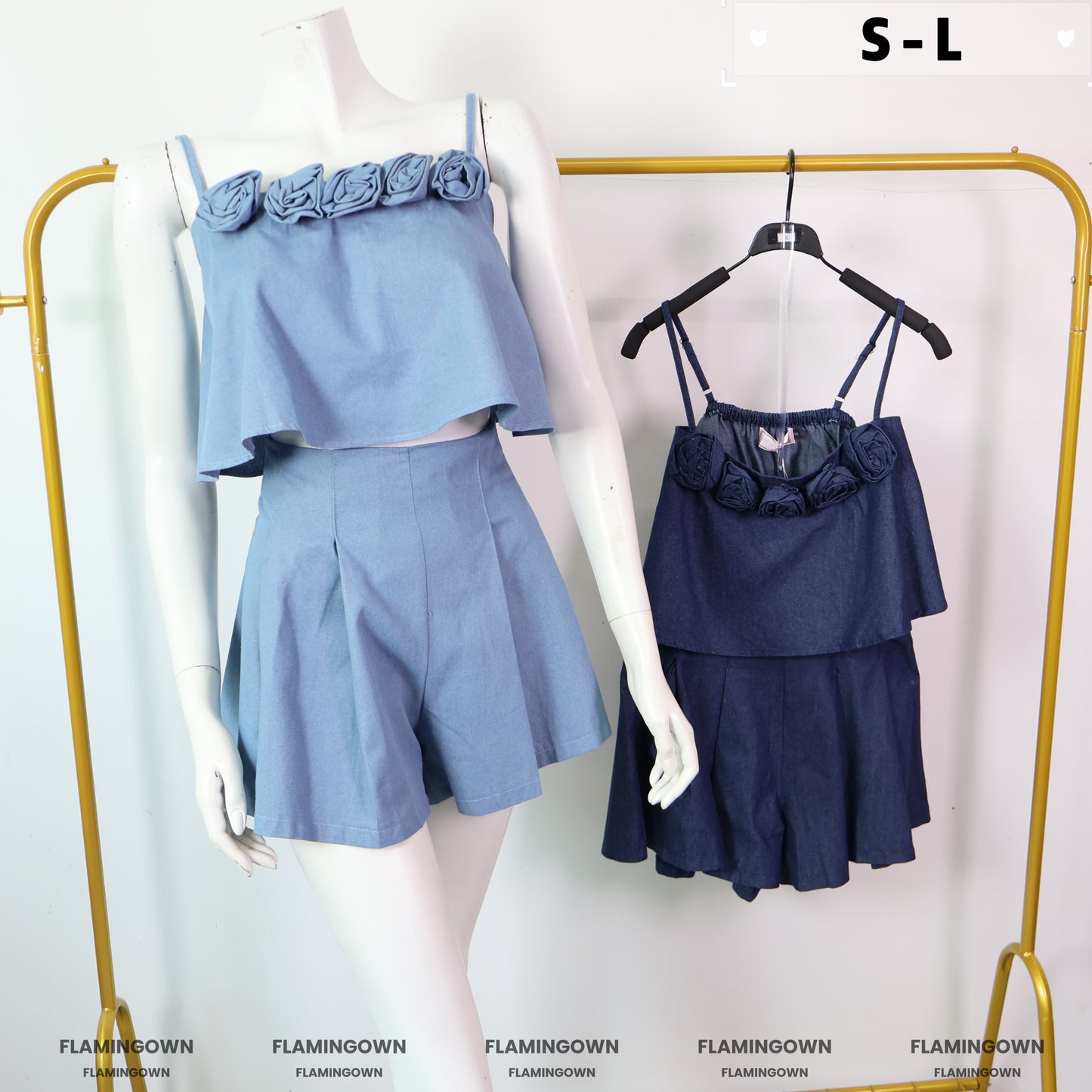 Set: Denim Rose Adjustable-Strap Cropped Top & Shorts
